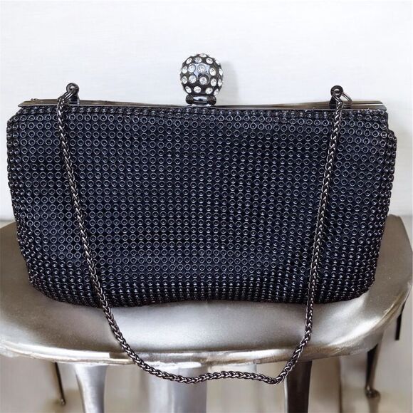 Whiting & Davis Black Shimmer Crystal Ball Clutch/Wristlet Bag. Black Tie - Picture 5 of 10